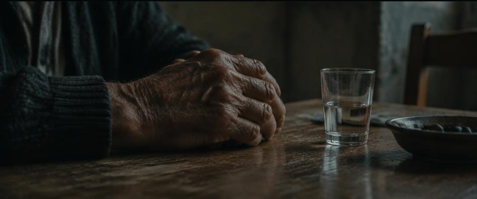 Hands resting on a wooden table beside a glass