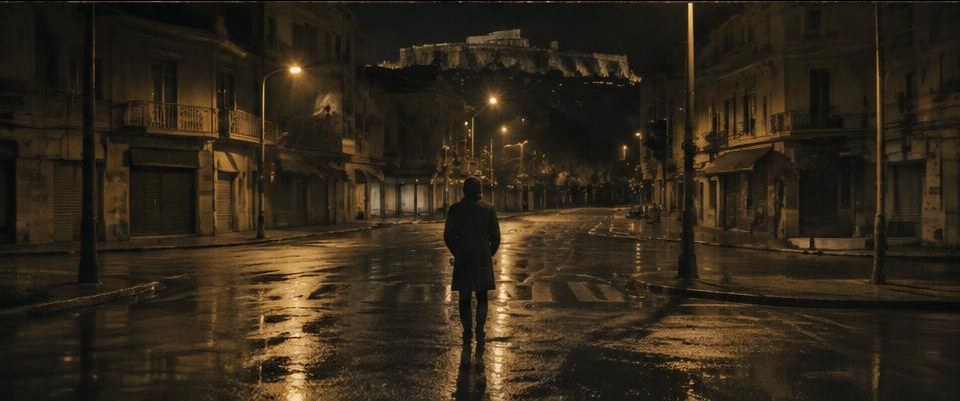 A lone figure in an empty street at night